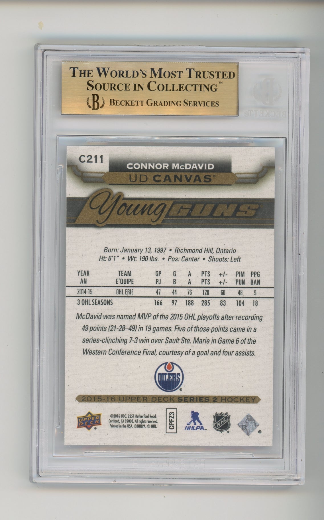 2015-16 Upper Deck Canvas #C211 Connor McDavid Young Guns Rookie RC BGS 9.5 True Gem ++