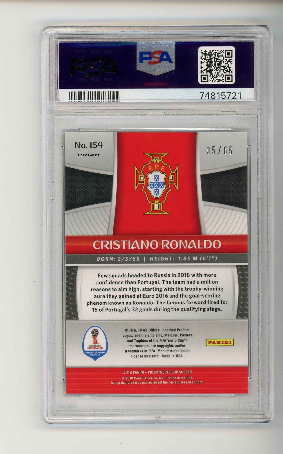 2018 Panini Prizm World Cup #154 Cristiano Ronaldo Orange Prizm /65 PSA 10
