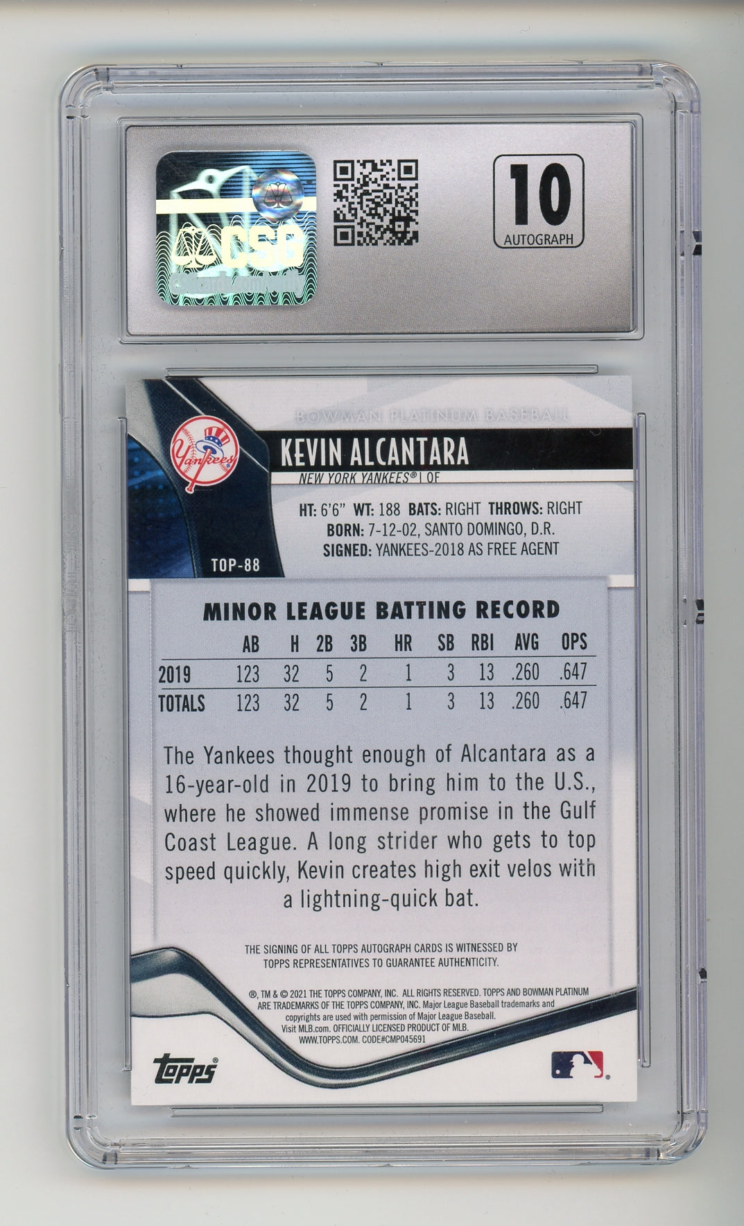 2021 Bowman Platinum Top Prospect Autographs #TOP88 Kevin Alcantara CSG 9.5 Rookie RC
