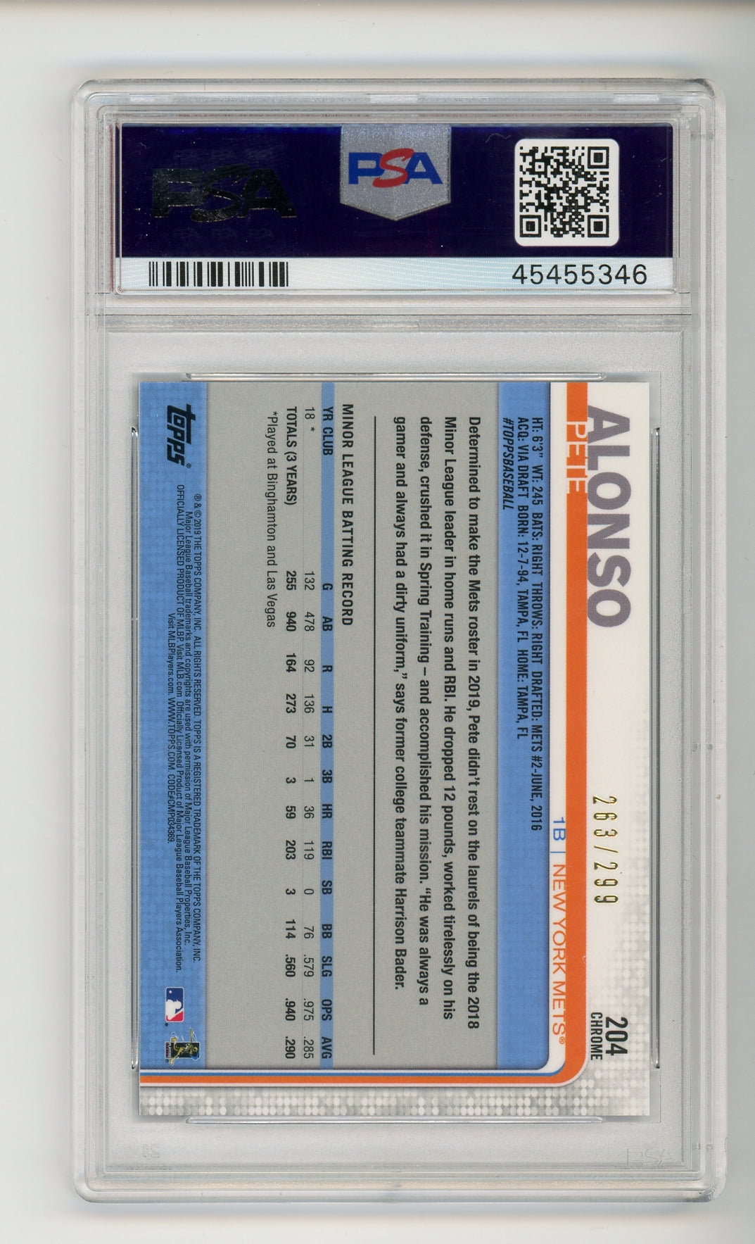 2019 Topps Chrome #204 Pete Alonso Purple Refractor /299 PSA 10 Gem Mint Rookie RC