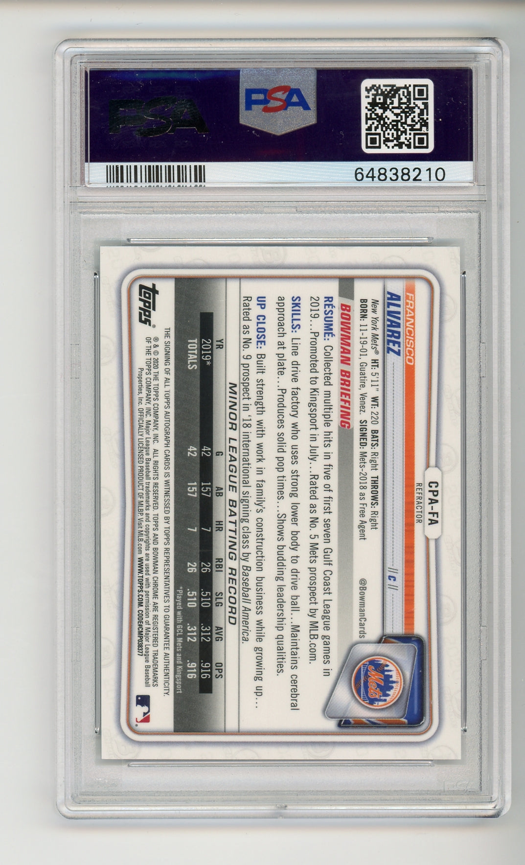 2020 Bowman Chrome Francisco Alvarez 1st Bowman Auto Refractor /499 PSA 10 RC Rookie