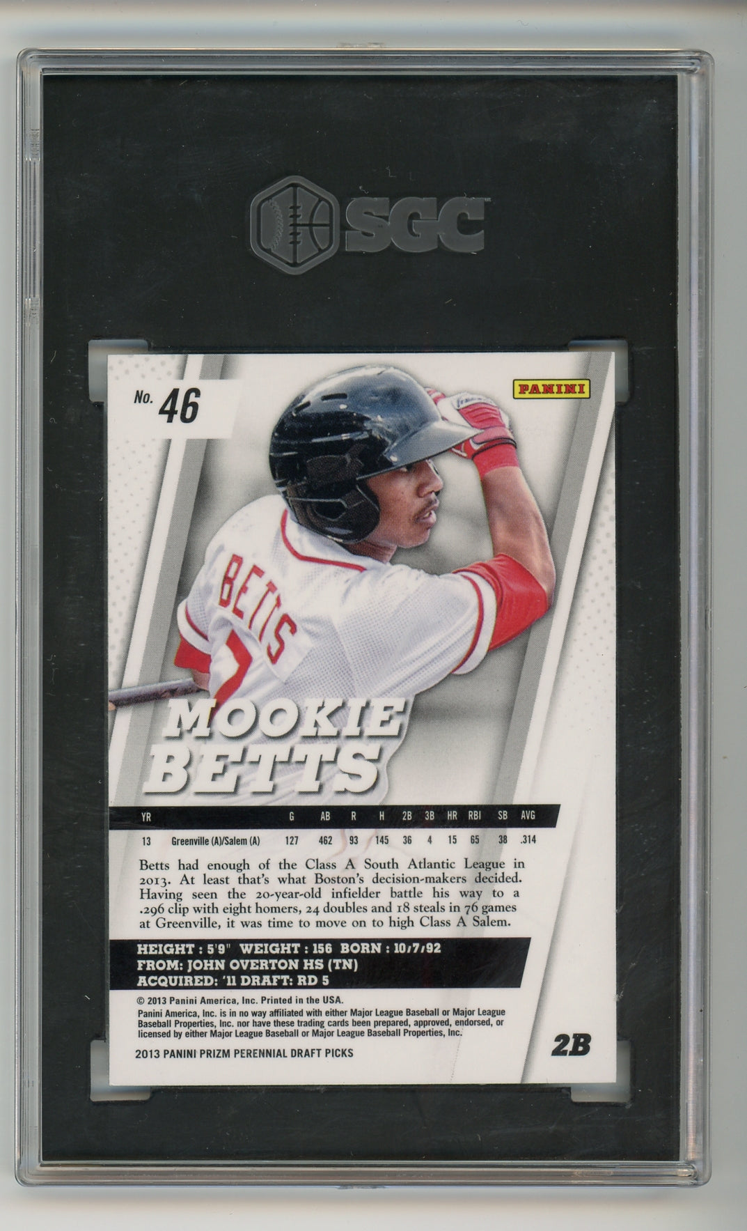 2013 Panini Prizm Draft Picks #46 Mookie Betts SGC 9 MINT Rookie RC