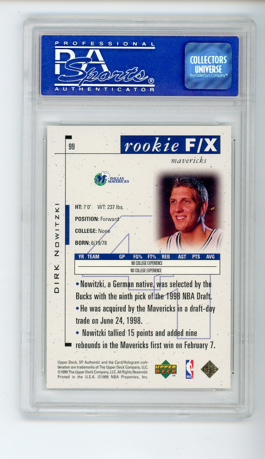1998 SP Authentic #99 Dirk Nowitzki /3500 PSA 9 Rookie F/X RC HOF
