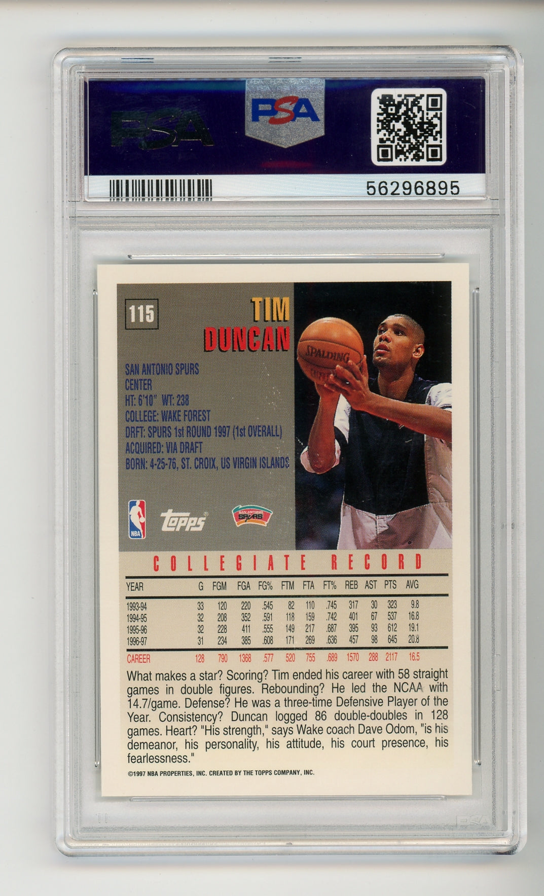 1997-98 Topps Tim Duncan #115 PSA 6 Rookie RC HOF