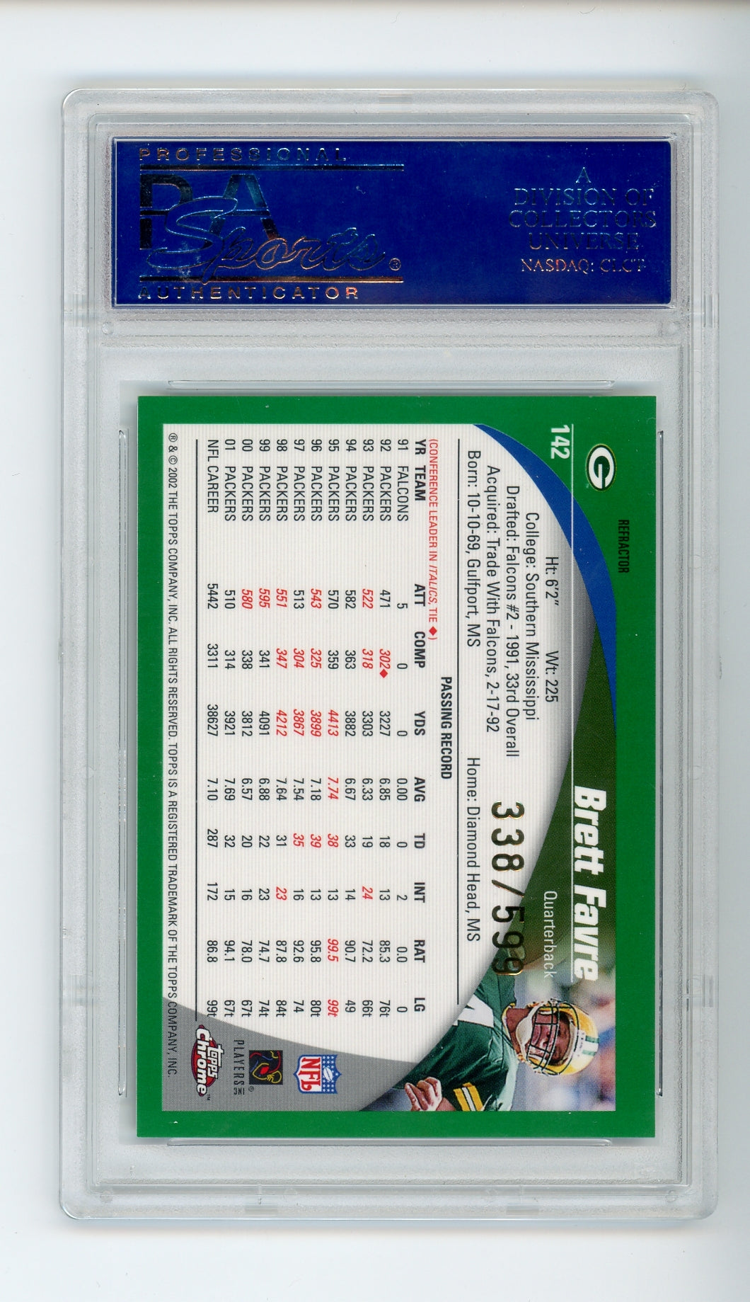 2002 Topps Chrome #142 Brett Favre Black Refractor /599 PSA 10 HOF