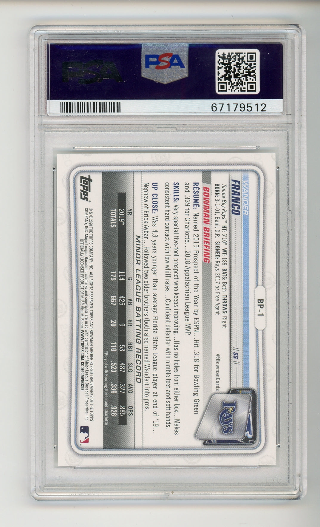 2020 Bowman Prospects Wander Franco #BP-1 PSA 10 GEM MT RC Rookie