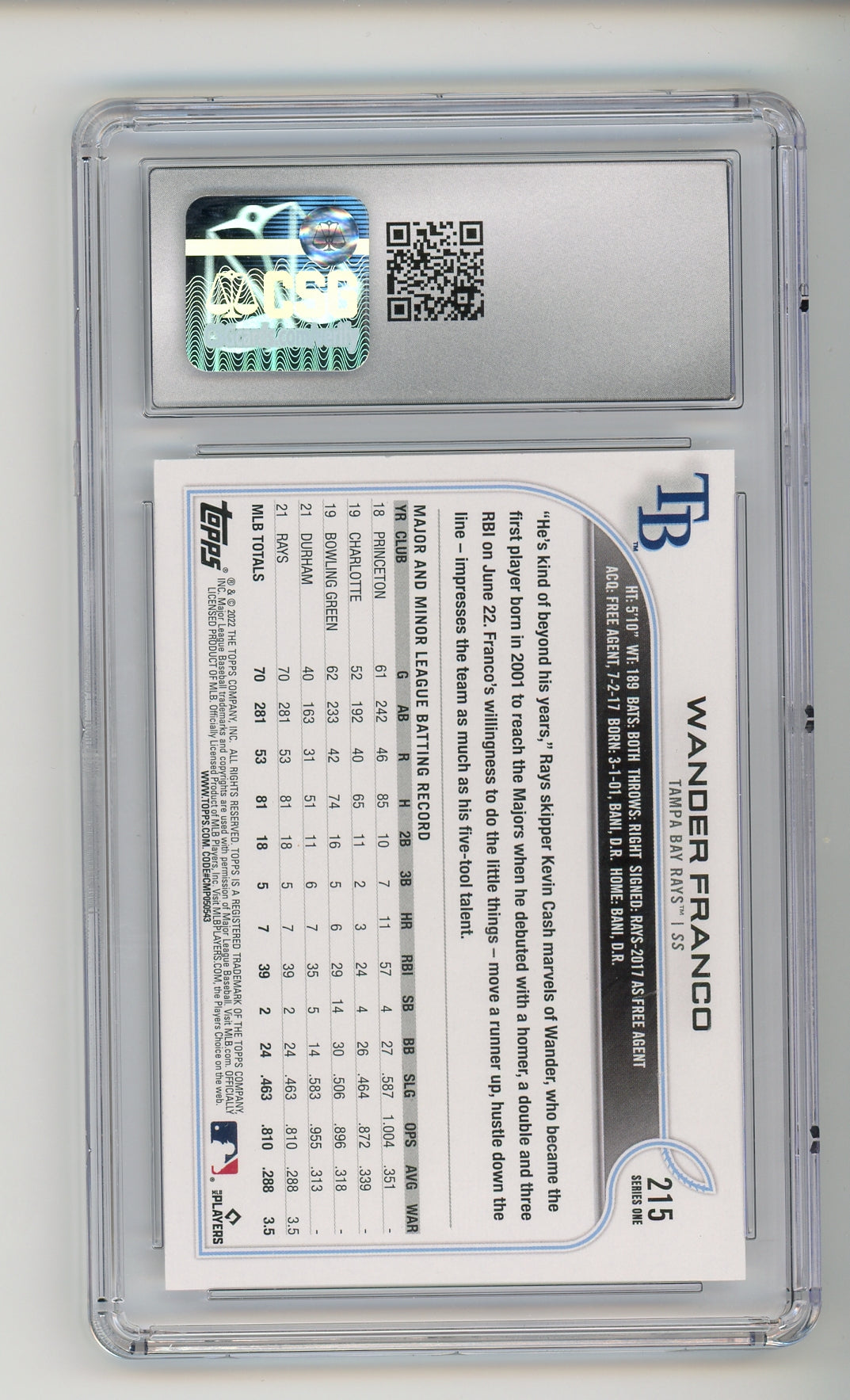 2022 Topps #215 Wander Franco CSG 10 Gem Mint Rookie RC