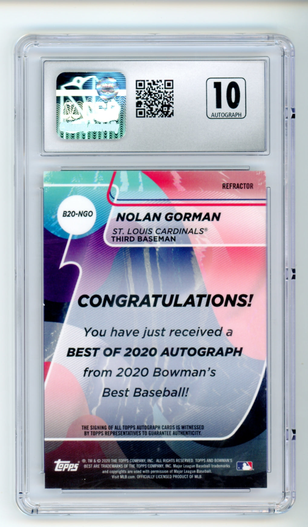 2020 Bowman's Best of 2020 Auto Refractor #B20-NGO Nolan Gorman CSG 10 Gem Mint