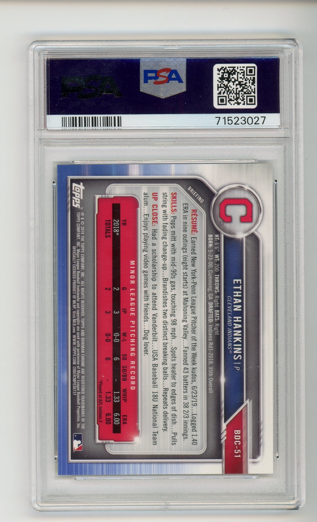 2019 Bowman Chrome Gold Refractor Ethan Hankins RC Rookie /50 PSA 10 GEM MINT