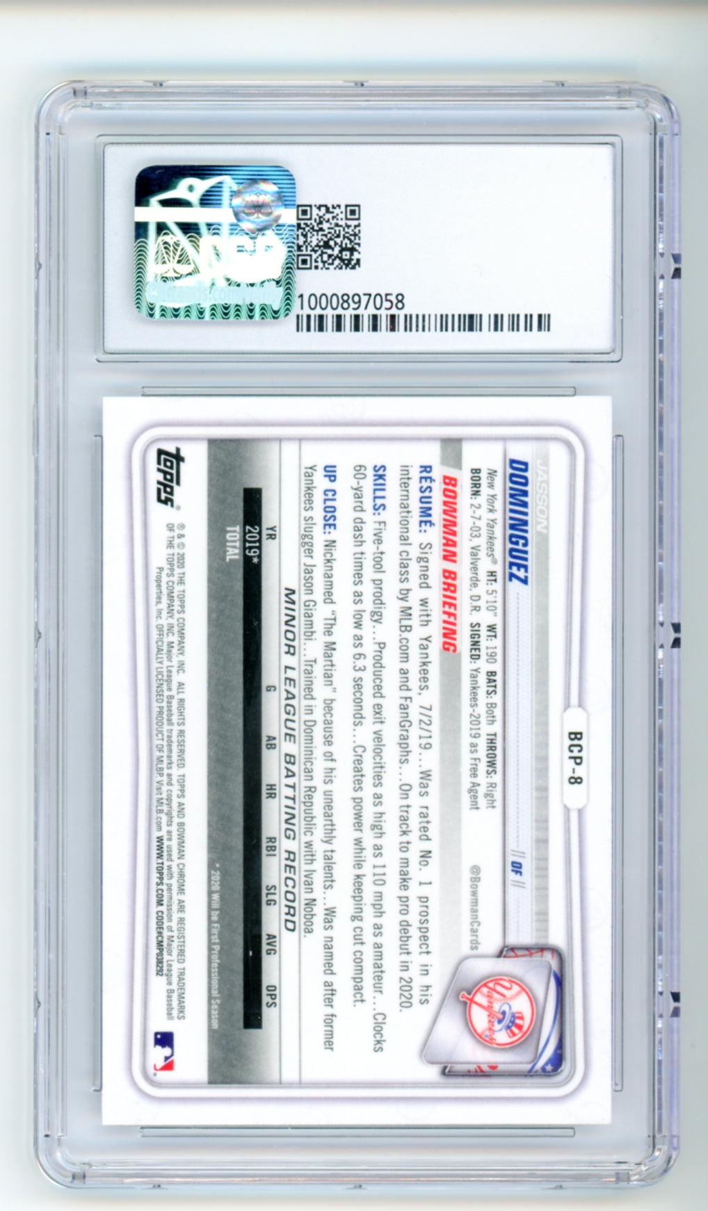 2020 Bowman Chrome Prospects #BCP-8 Jasson Dominguez CSG 9.5 True Gem Mint