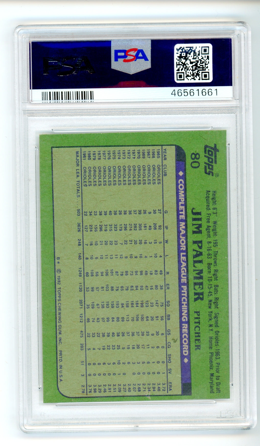 1982 Topps #80 Jim Palmer PSA 8 NM-MT HOF