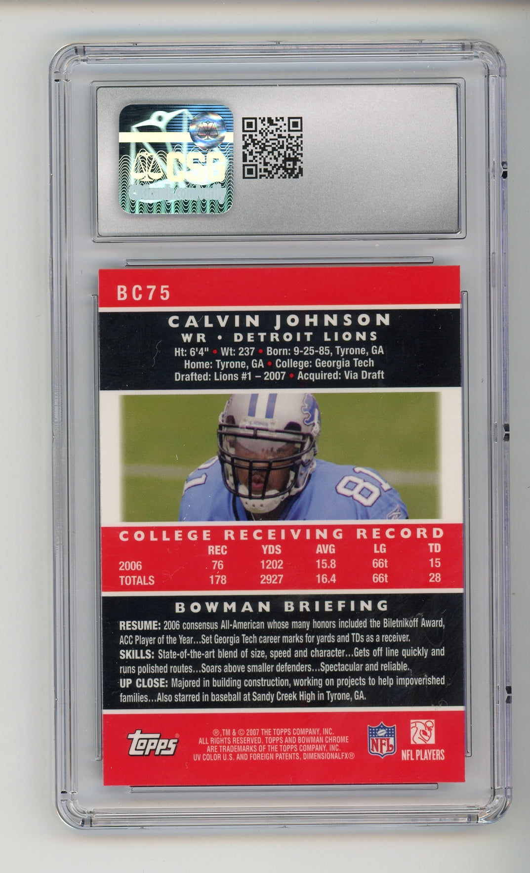 2007 Bowman Chrome #BC75 Calvin Johnson CGC 9 Mint Rookie RC HOF