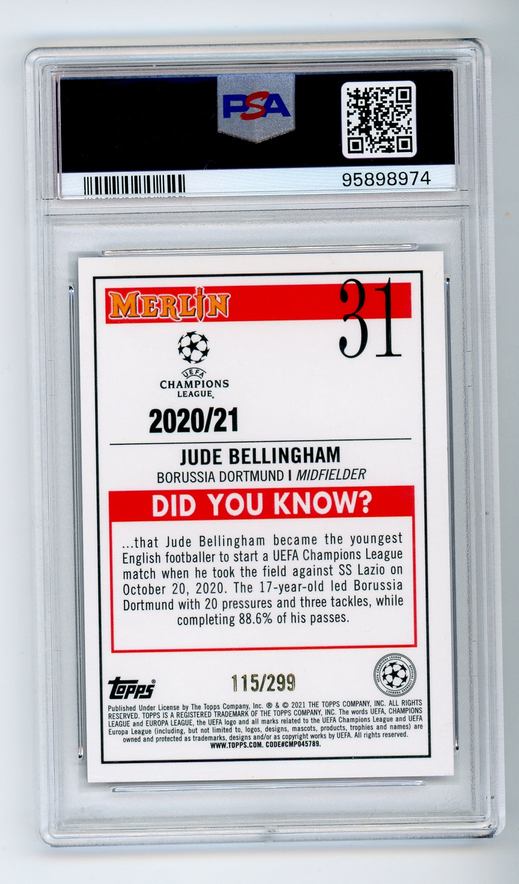 2020 Merlin Chrome UCL #31 Jude Bellingham Purple Refractor /299 PSA 9 Rookie RC