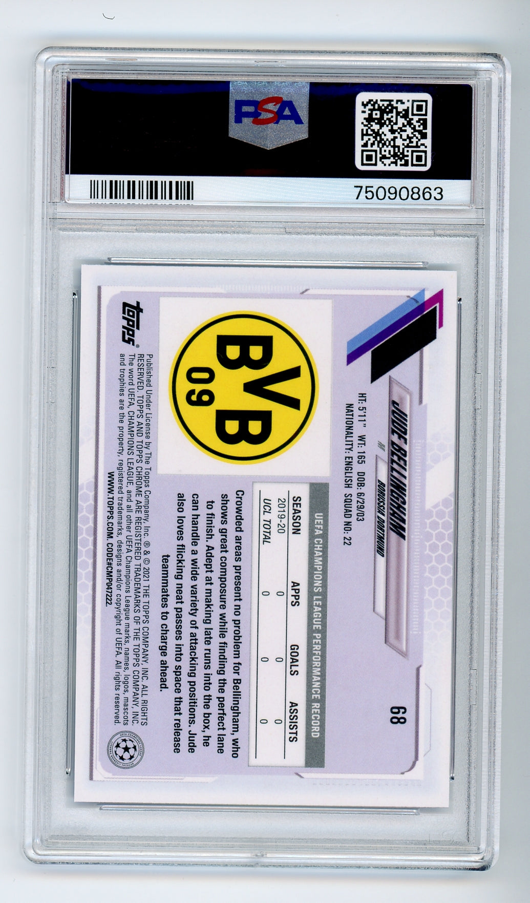 2020-21 Topps Chrome UCL Sapphire Jude Bellingham #68 RC **SP Variation** PSA 10