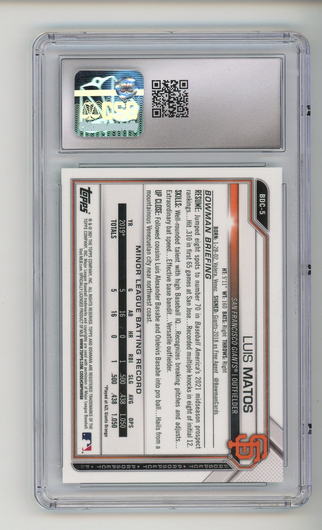 2021 Bowman Chrome Draft Luis Matos Green Sparkle Refractor /99 CSG 9.5 Rookie RC