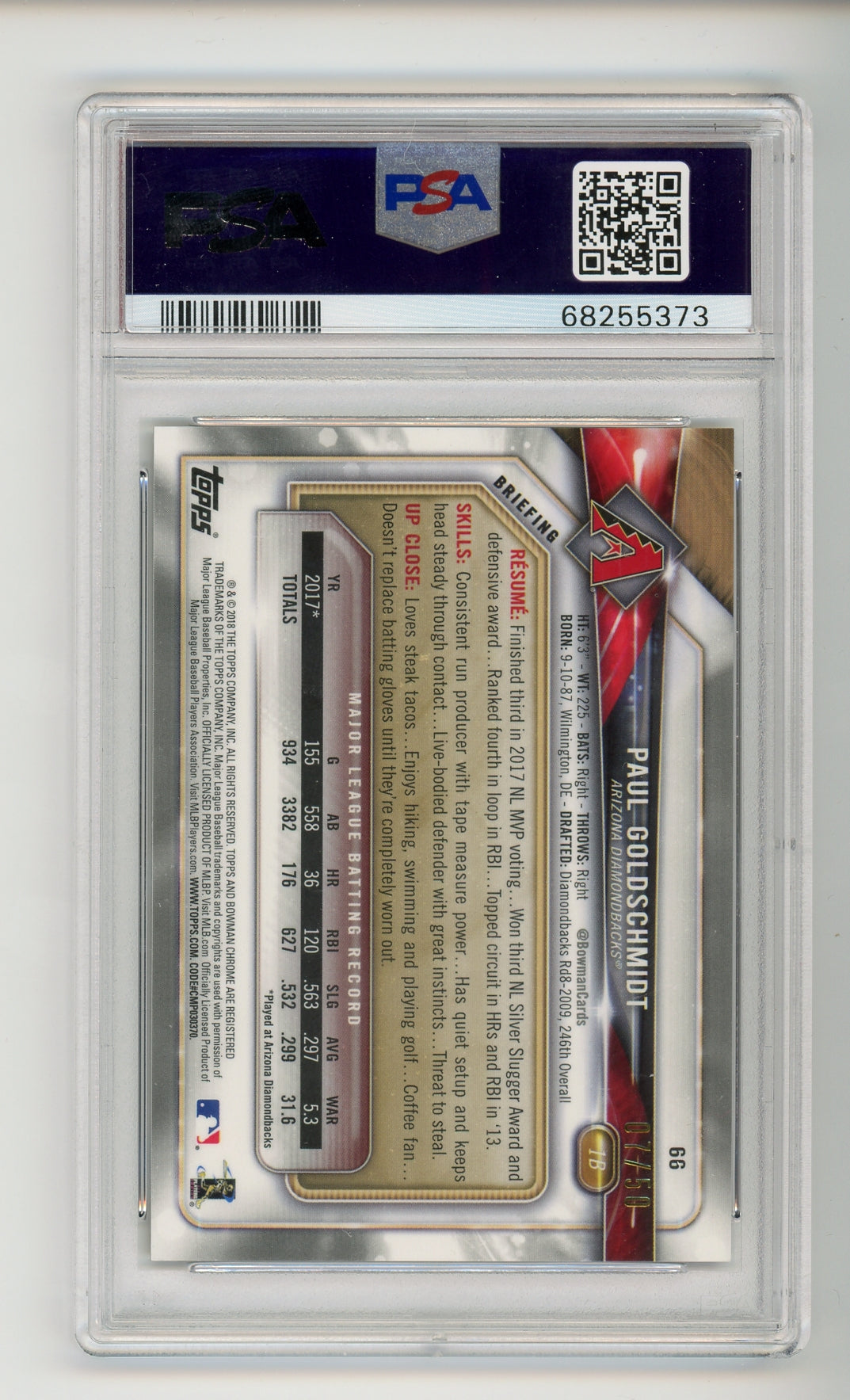 2018 Bowman Chrome Paul Goldschmidt #66 Gold Refractor /50 PSA 10