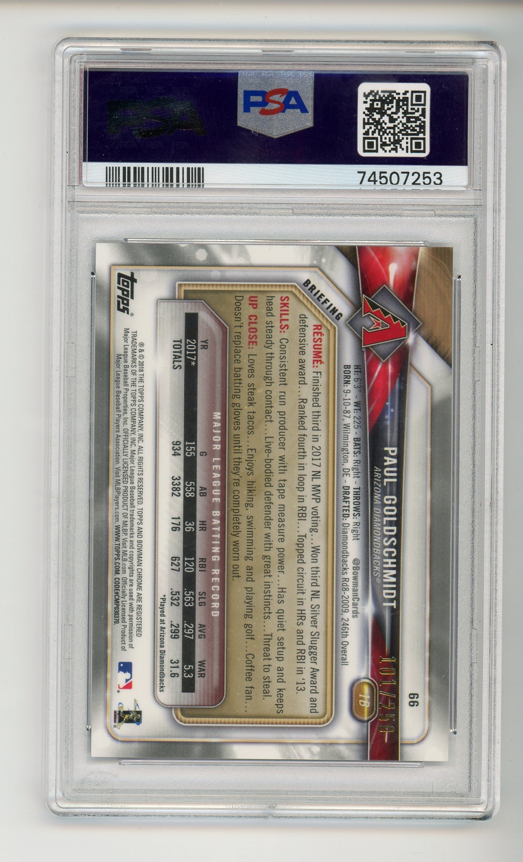 2018 Bowman Chrome #66 Paul Goldschmidt Purple Refractor /250 PSA 9 MINT