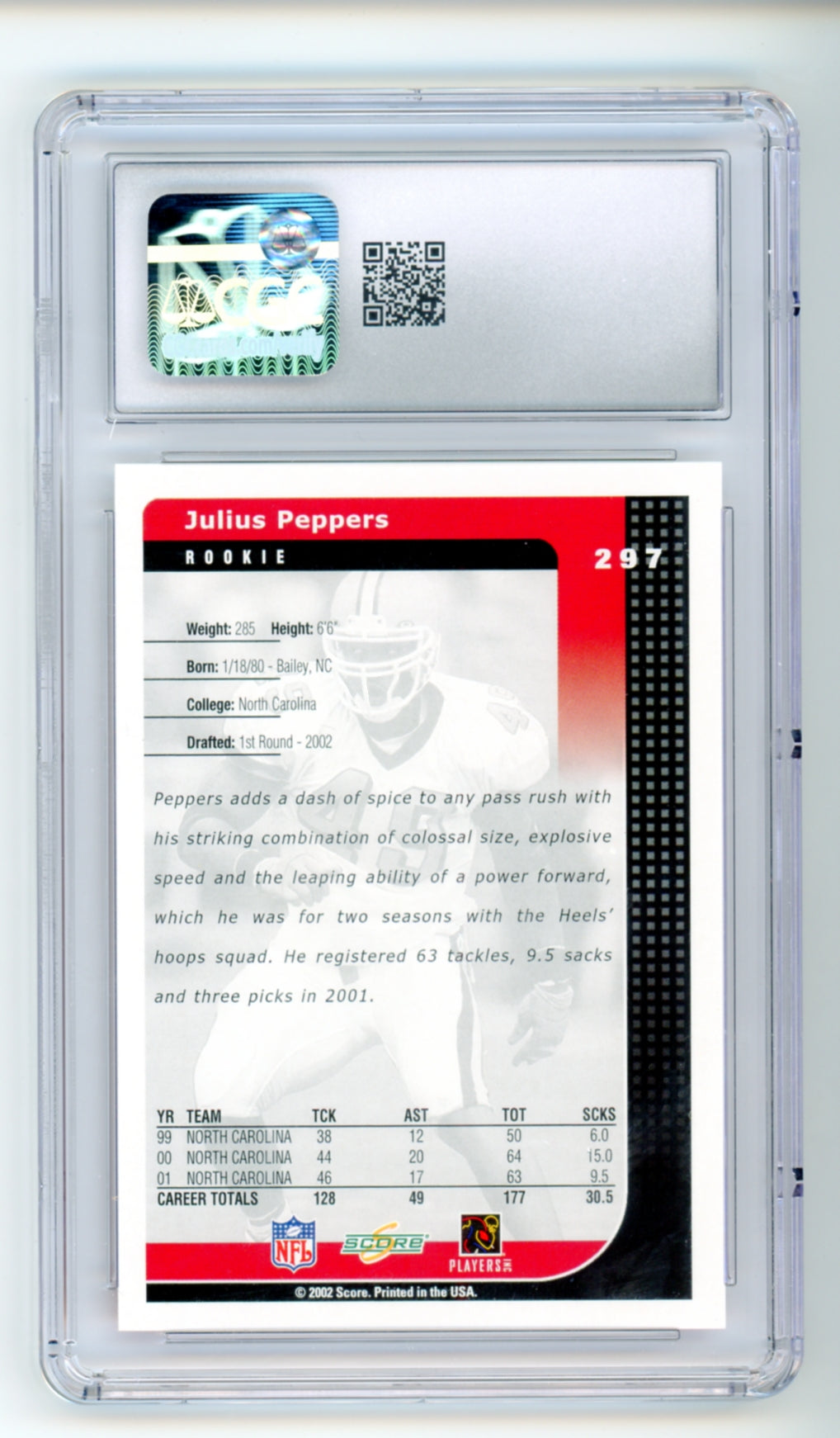 2002 Score #297 Julius Peppers CGC 10 Gem Mint Rookie RC HOF