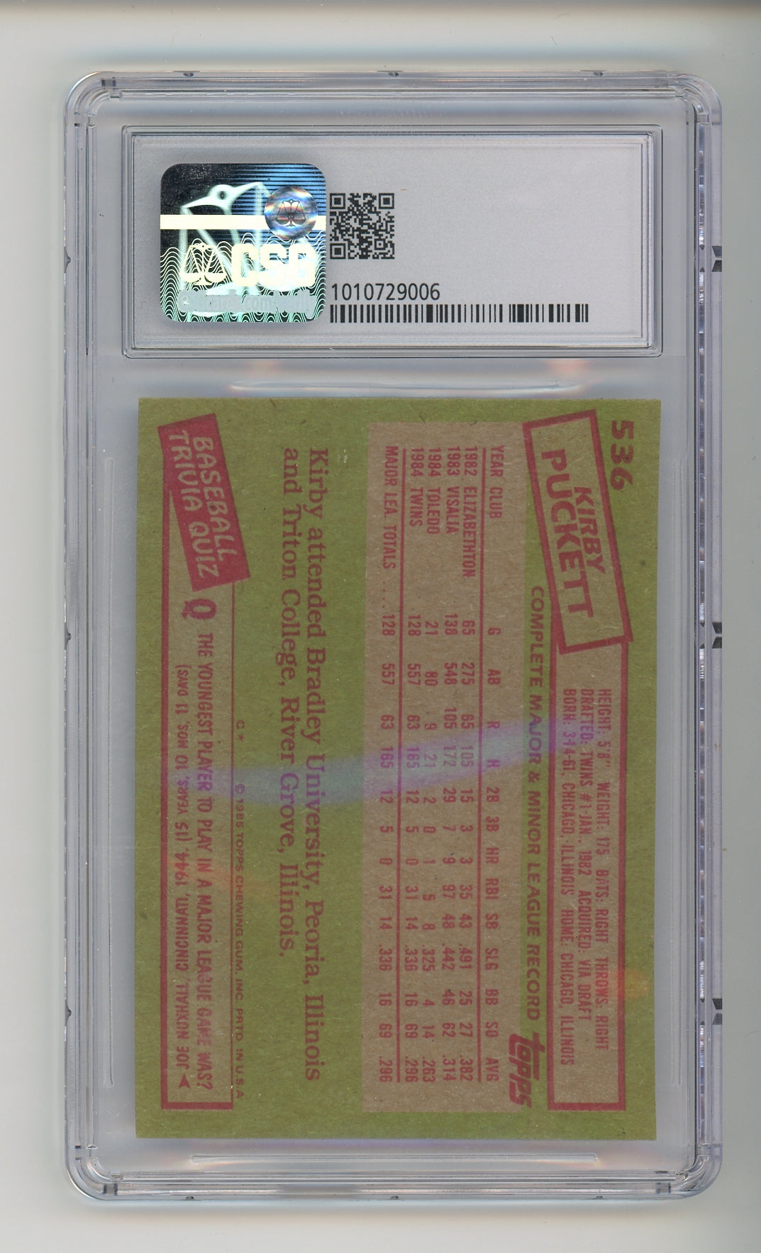 1985 Topps #536 Kirby Puckett CSG 8.5 Rookie RC HOF