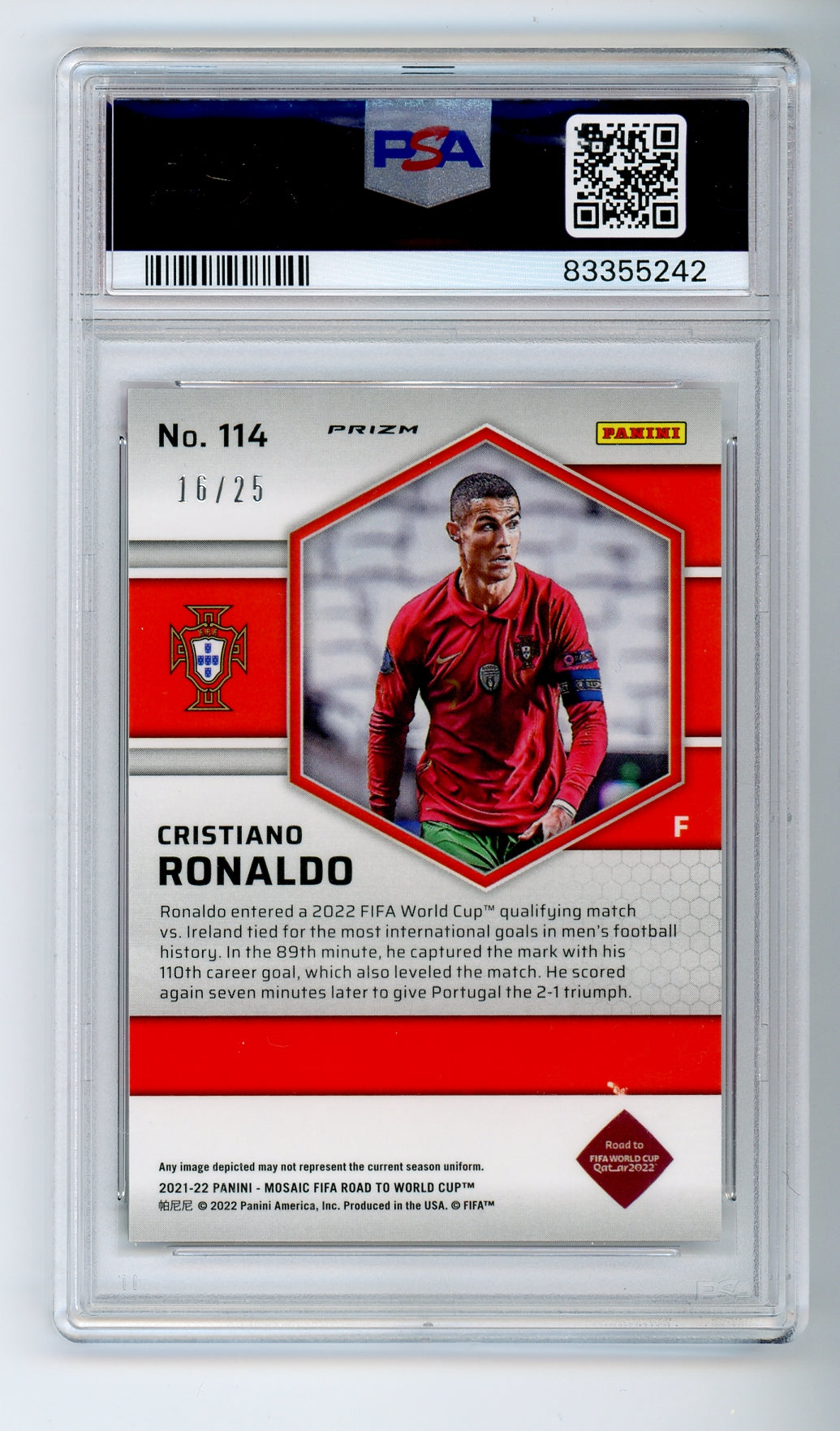 2021-22 Mosaic FIFA Road to World Cup #114 Cristiano Ronaldo Pink Mosaic /25 PSA 10