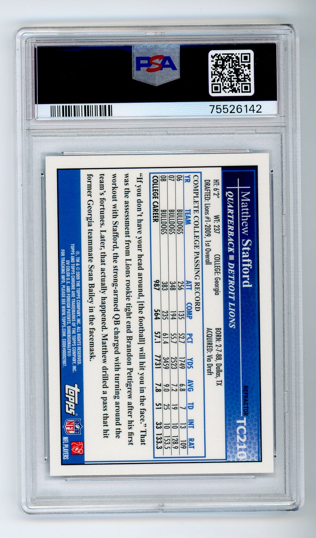 2009 Topps Chrome #TC210 Matthew Stafford Blue Refractor Rookie PSA 9 Mint
