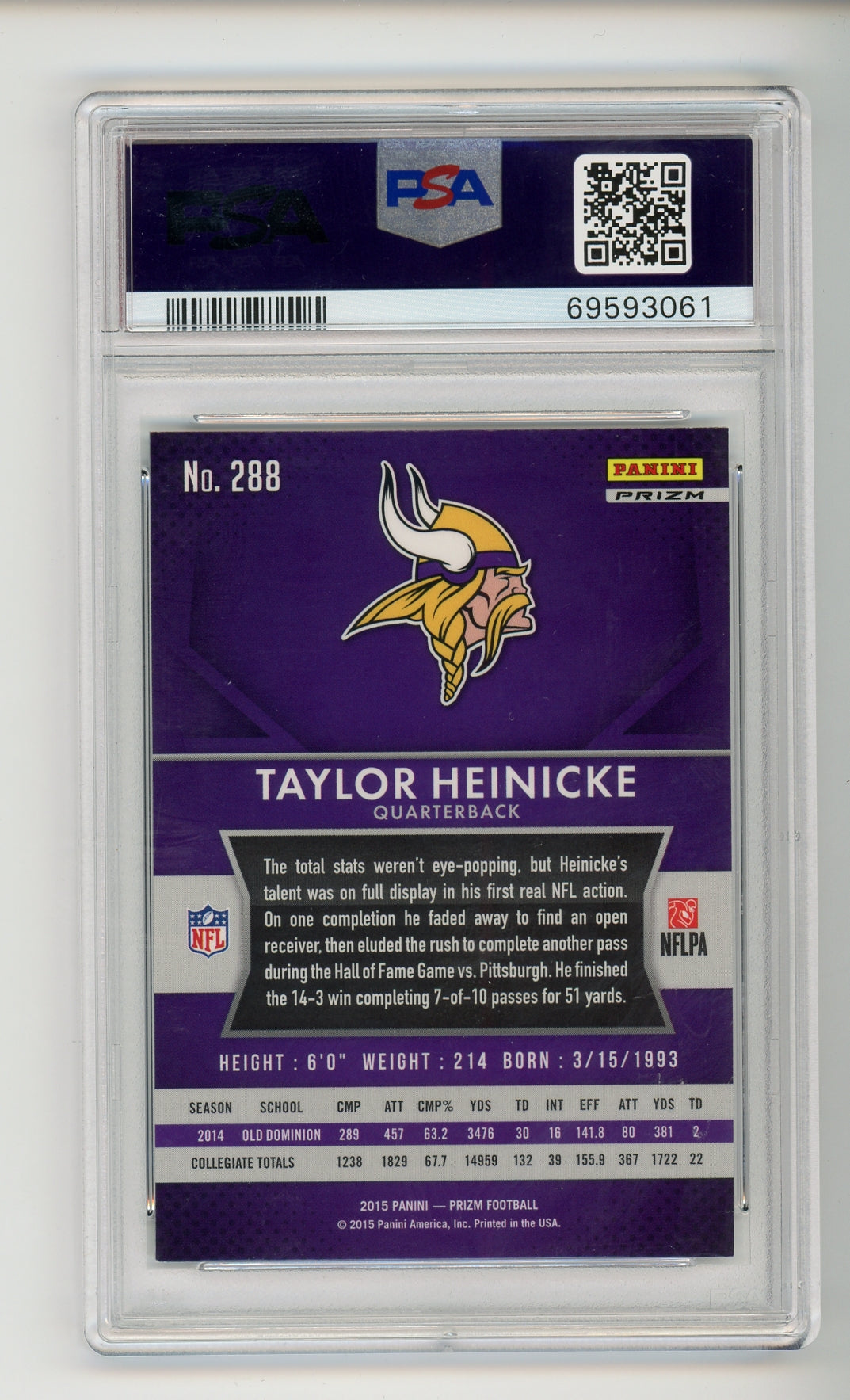 2015 Panini Prizm #288 Taylor Heinicke Silver Prizm Rookie RC #288 PSA 8