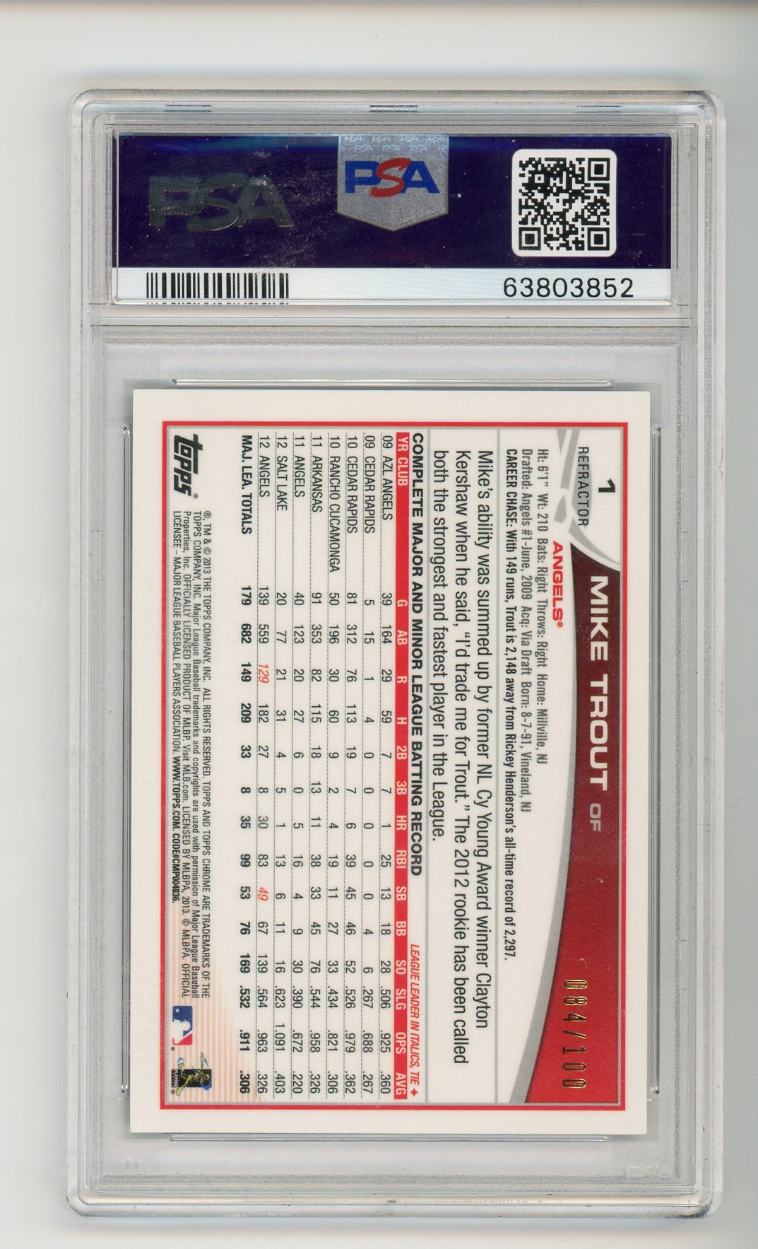 2013 Topps Chrome Mike Trout #1 Sliding BLACK REFRACTOR /100 PSA 8