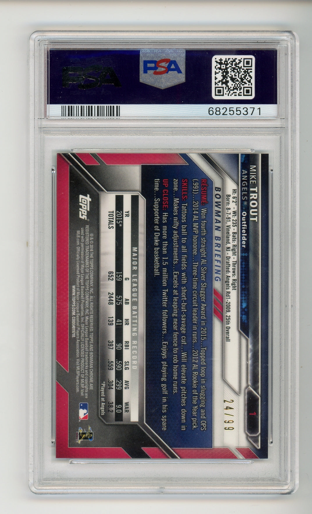 2016 Bowman Chrome #1 Mike Trout Green Refractor /100 PSA 10 Gem Mint