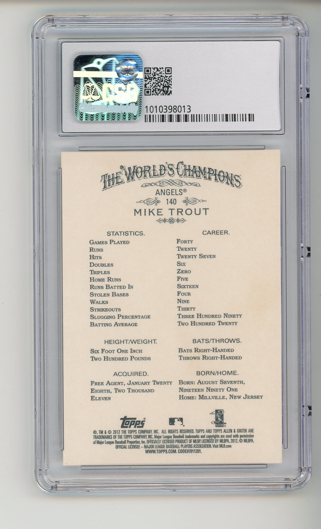 2012 Allen & Ginter #140 Mike Trout CSG 9.5 True Gem Mint +