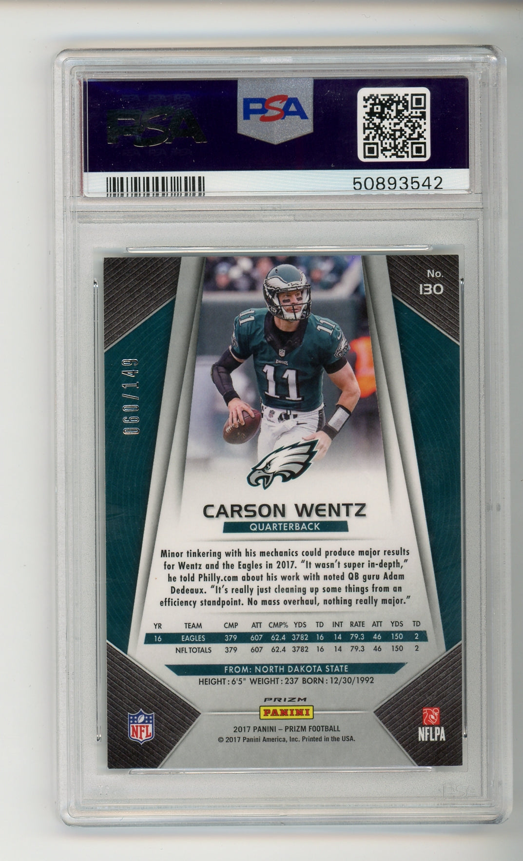 2016 Panini Prizm Carson Wentz RC #218 Blue Wave /149 PSA 9 Rookie