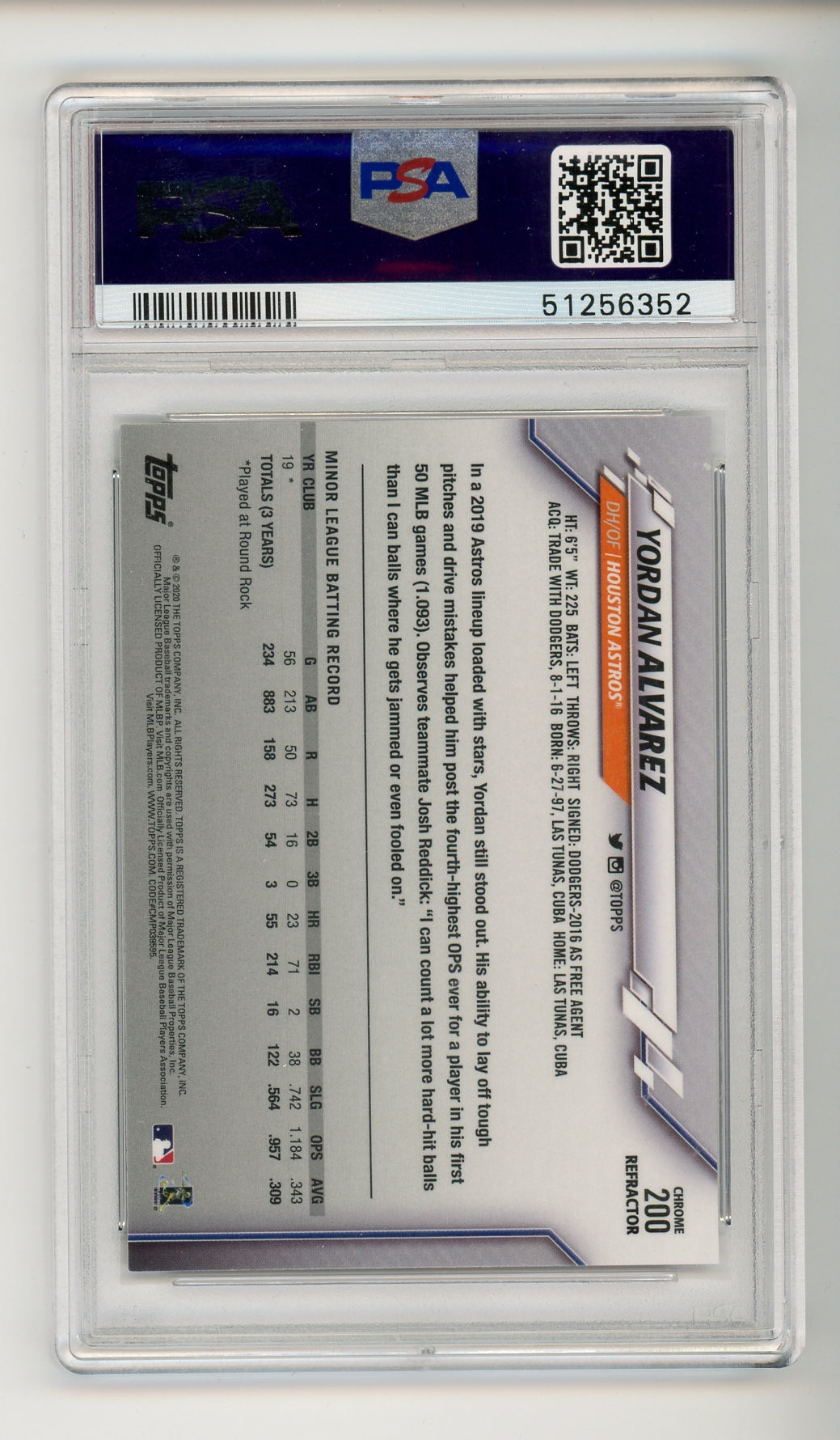 2020 Topps Chrome Sepia Refractor #200 Yordan Alvarez RC Astros PSA 9 MINT