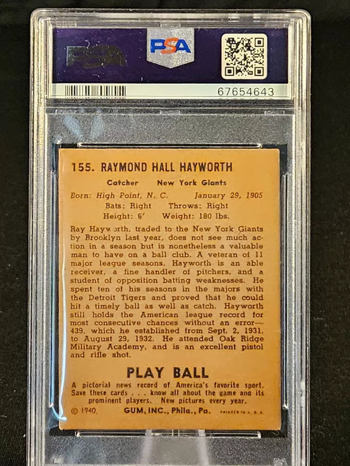 1940 Play Ball Ray Hayworth #155 PSA 4 VG-EX