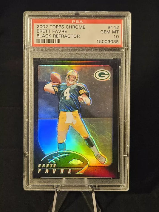 2002 Topps Chrome #142 Brett Favre Black Refractor /599 PSA 10 HOF (POP 3)