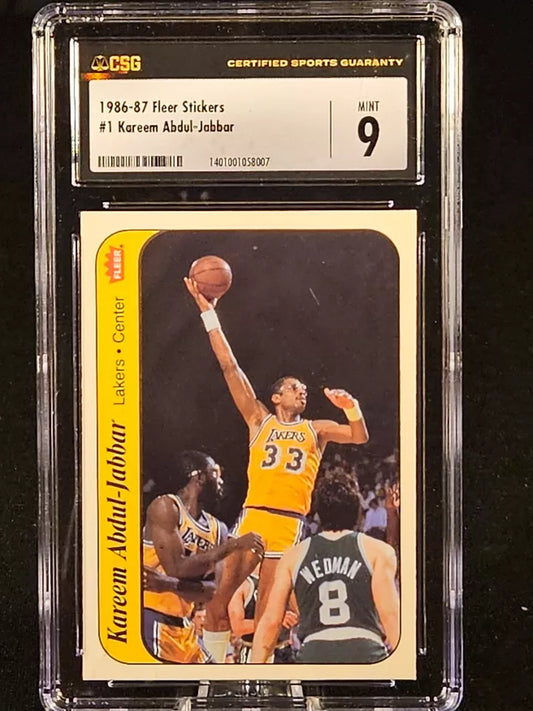 1986 Fleer Stickers #1 Kareem Abdul-Jabbar Lakers HOF CSG 9 MINT POP 6