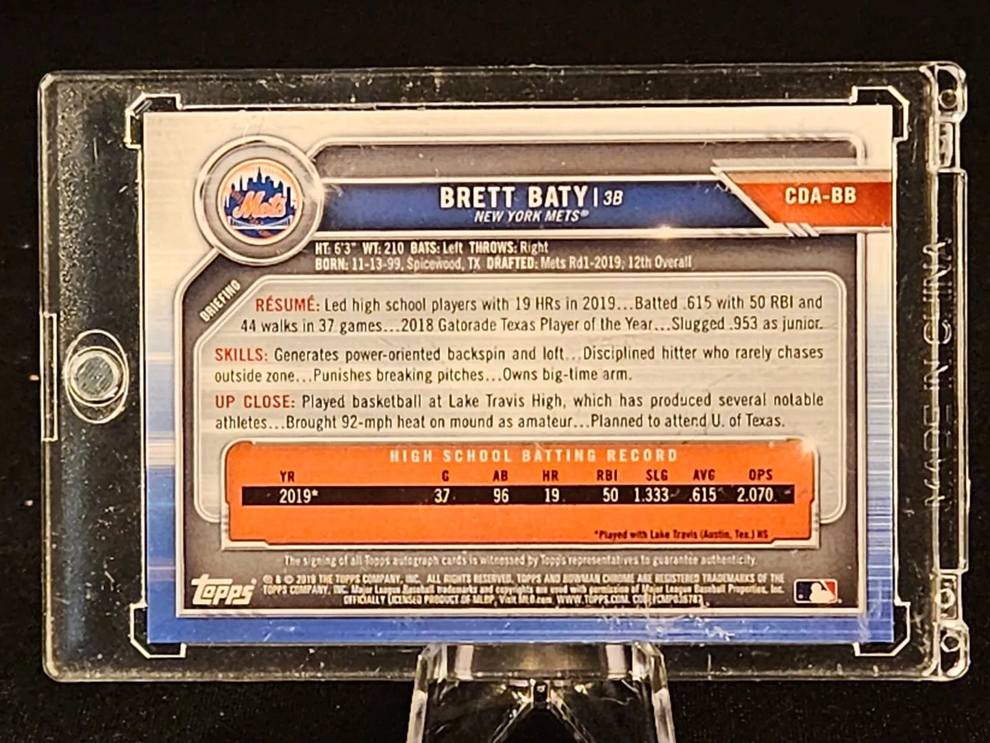 2019 Bowman Chrome Draft 1st Brett Baty Auto Purple Refractor /250 Mets 🔥