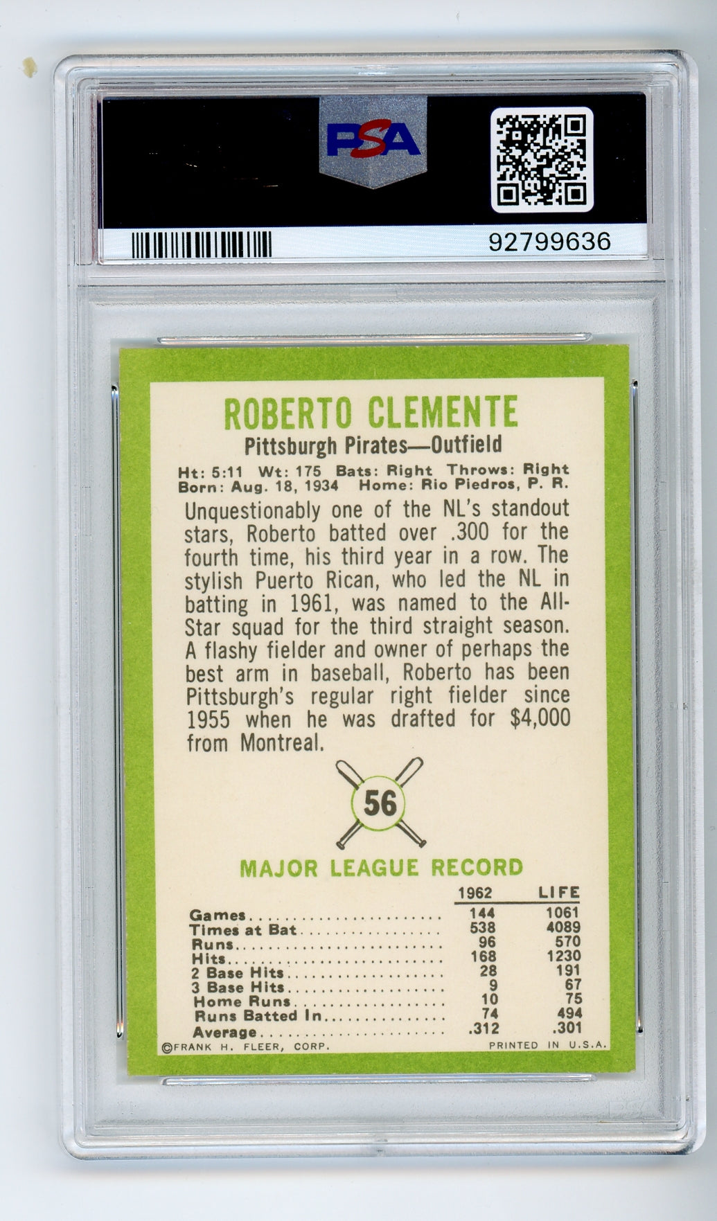 1963 Fleer #56 Roberto Clemente PSA 7 HOF