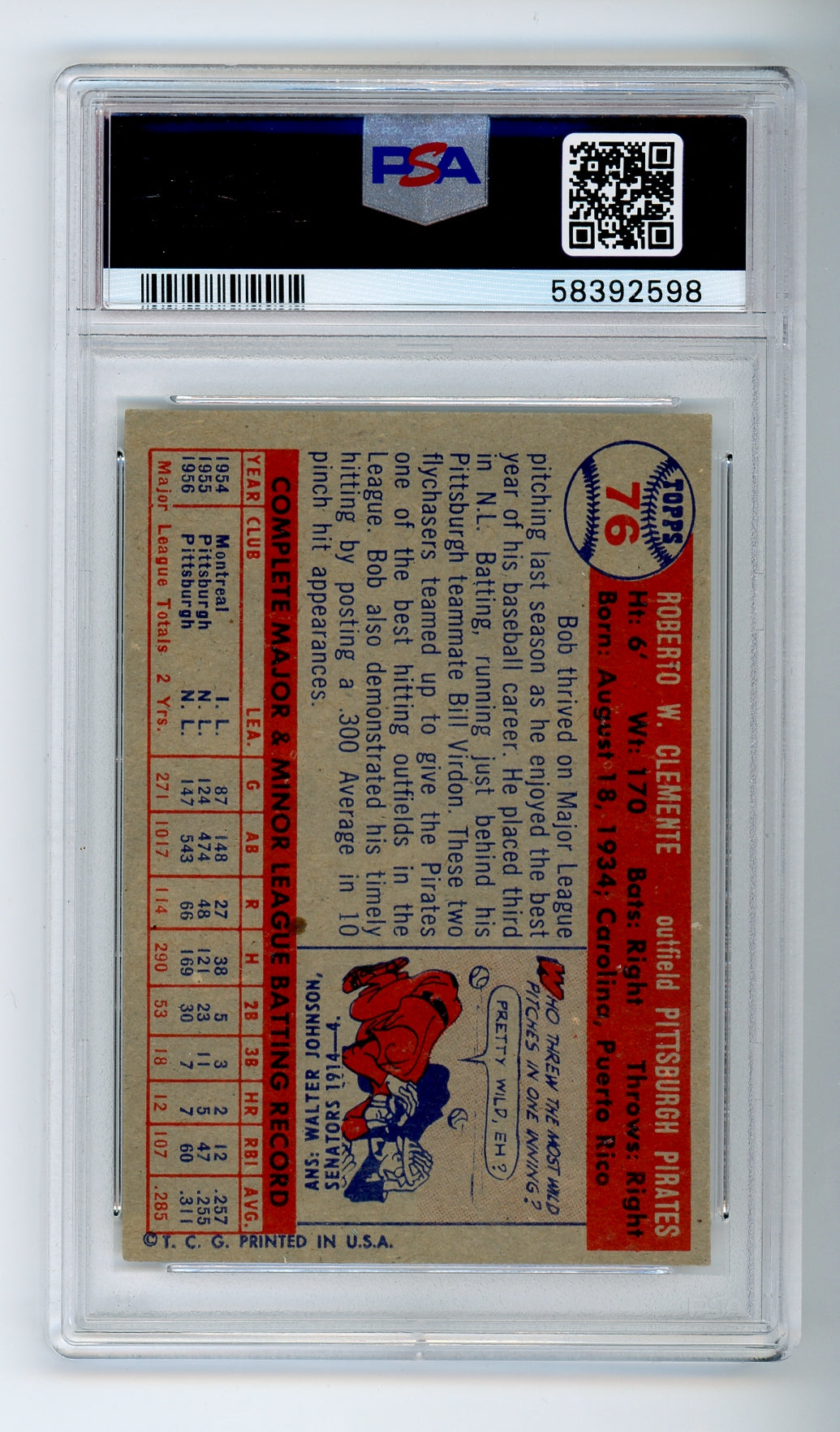 1957 Topps #76 Bob Clemente PSA 7 HOF