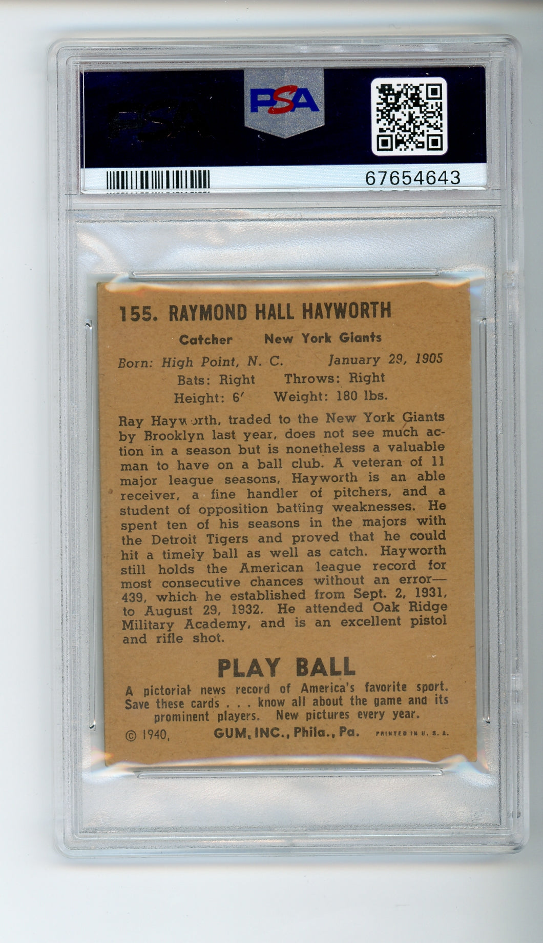 1940 Play Ball Ray Hayworth #155 PSA 4