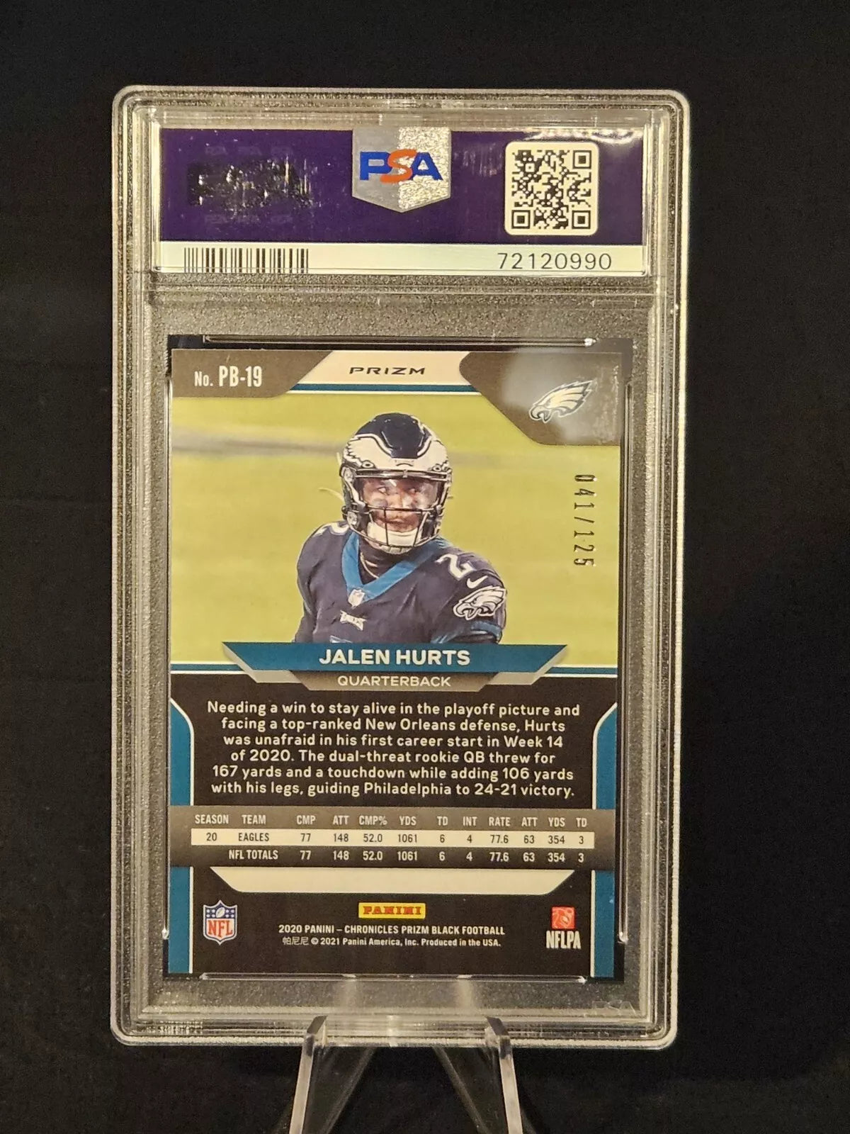 2020 Panini Chronicles Prizm Black Jalen Hurts Purple Rookie /125 PSA 9 Eagles