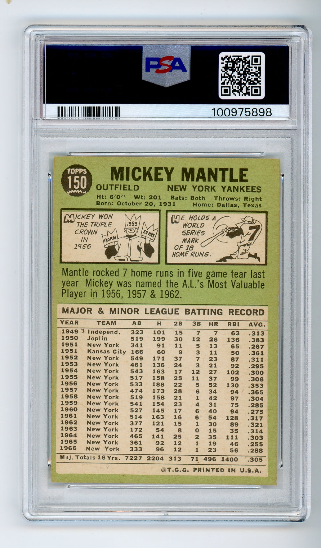 1967 Topps #150 Mickey Mantle PSA 7 HOF