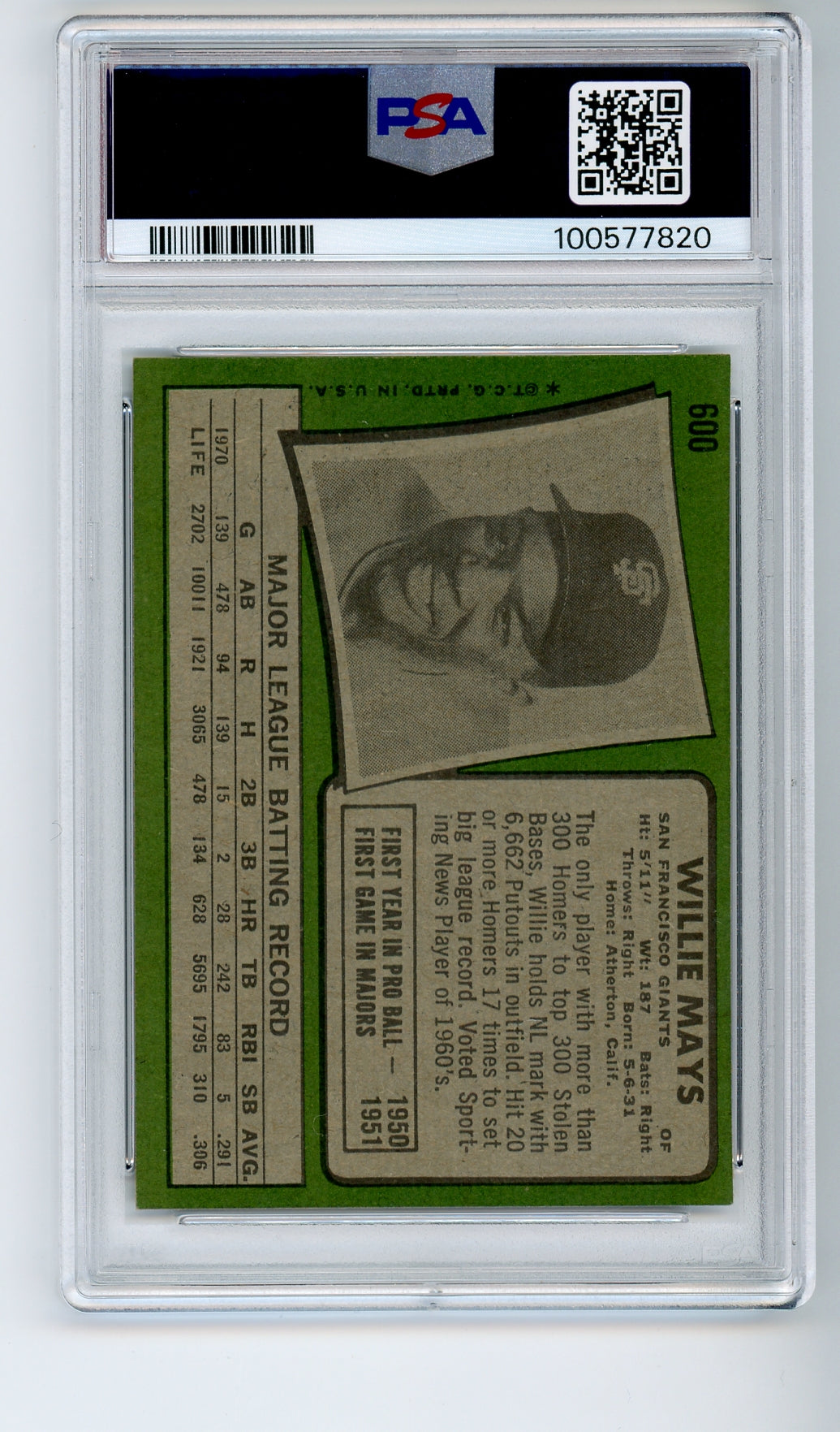 1971 Topps #600 Willie Mays PSA 6 HOF