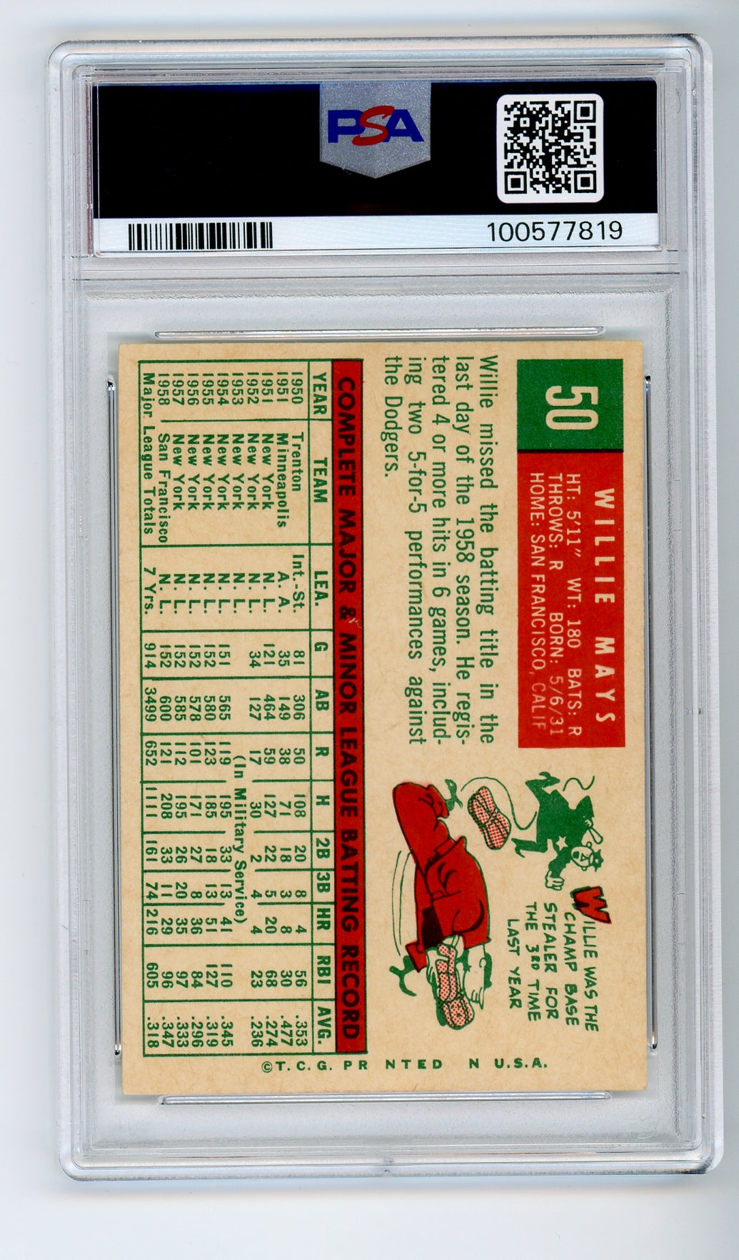 1959 Topps #50 Willie Mays PSA 5 HOF