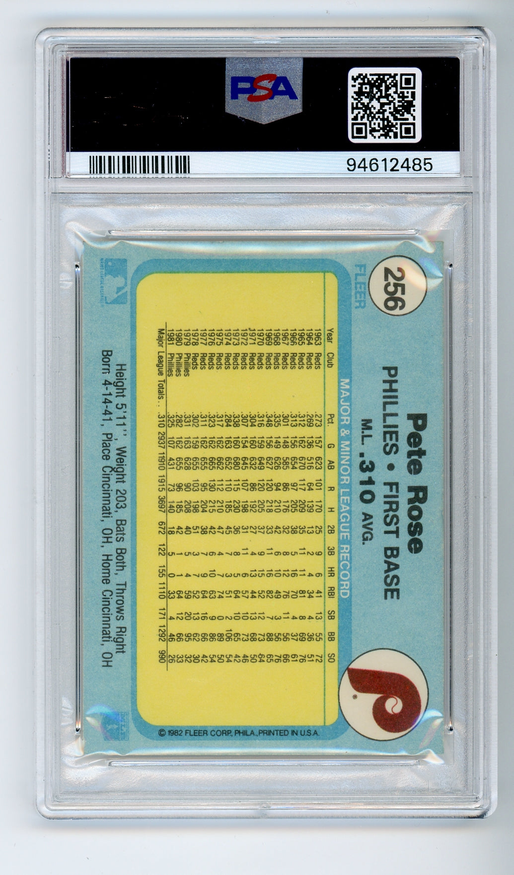 1982 Fleer #256 Pete Rose PSA 10 GEM MINT