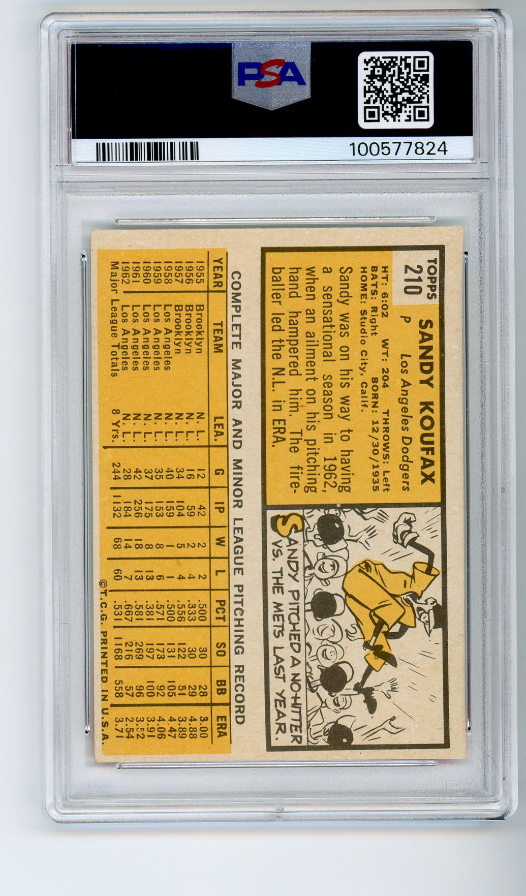 1963 Topps #210 Sandy Koufax PSA 6 HOF