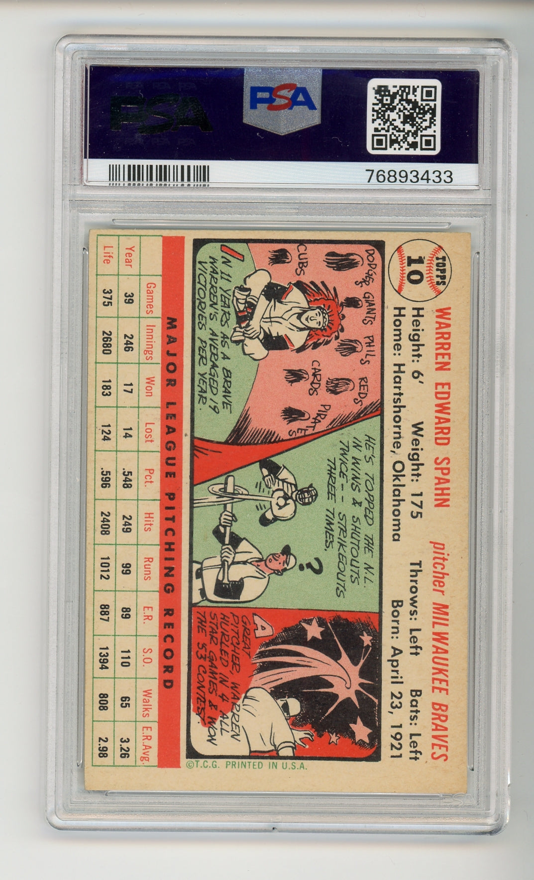 1956 Topps #10 Warren Spahn White Back PSA 6 HOF