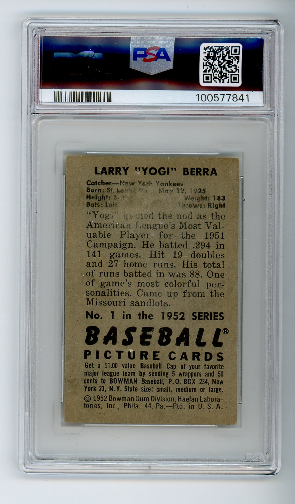 1952 Bowman #1 Yogi Berra PSA 2 HOF